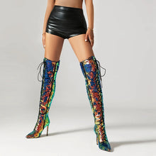 Load image into Gallery viewer, Women&#39;s New Fashionable Nightclub Style Pointed High Heel Large Sequin Lace up Boots High Leg Over Knee Long Boots
