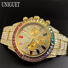 Load image into Gallery viewer, Hot Fashion Green Watches Men Brand UNIGUET Luxury Stainless Steel Hip Hop Rainbow Diamond Quartz Wristwatch Male Dropshipping ﻿
