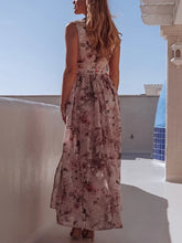 Load image into Gallery viewer, Summer Women Dress Floral Print Fashion Slim V-Neck Tie-Up Backless Chiffon Sexy Sleeveless Slit Maxi Cover-Ups Robe Beach Dress
