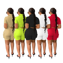 Load image into Gallery viewer, Streetwear Two Piece Set for Women Summer Outfits Pockets Short Sleeve Button-Up Shirt Top Short Sets Party Club Matching Sets
