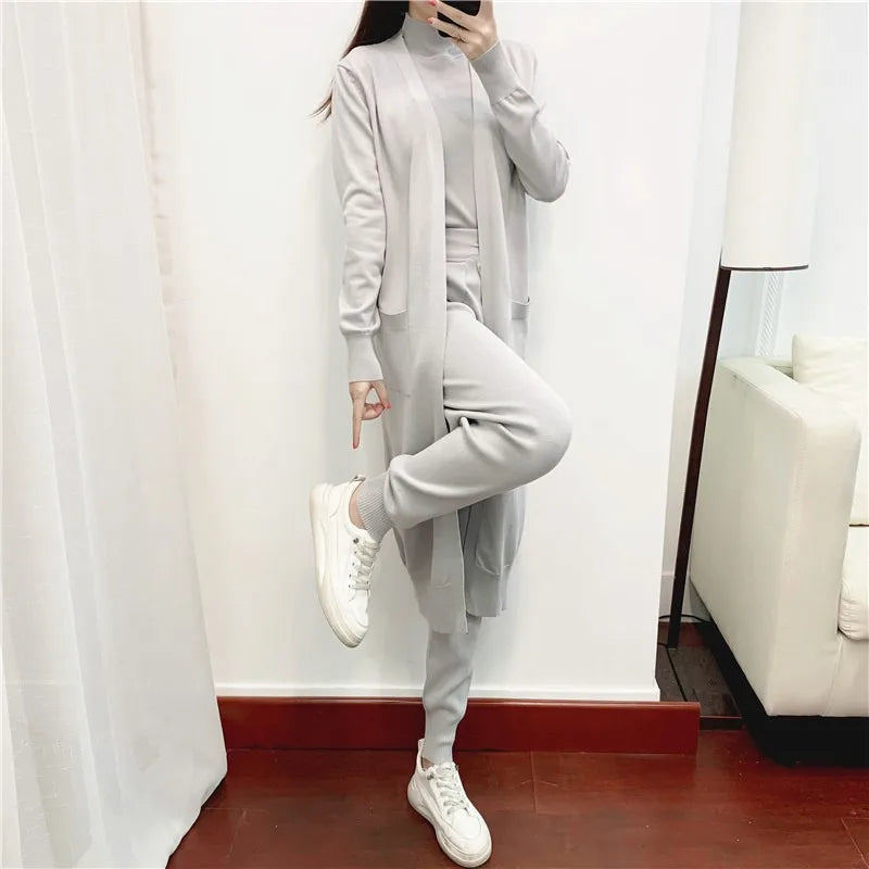 Fashion Women Sweater 3 Piece Set Tracksuit Spring Autumn Long Cardigan Coat + Half Turtleneck Vest + Pants Knitted Suits Outfit