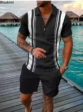 Load image into Gallery viewer, New 2024 Men&#39;s Polo Suit Fashion Men Sets Solid Summer V-neck Zipper Short Sleeve POLO Shirt+Shorts Two Pieces Men Casual Suit
