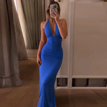 Load image into Gallery viewer, Cryptographic Sexy Draped Halter V Neck Maxi Dress for Women Summer Outfits for Women Club Party Backless Ruche Dresses Robes

