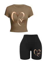 Load image into Gallery viewer, Summer Women Slim-fit T-Shirts &amp; Shorts 2 Pieces Set Simple Hearts Pattern Prints Crop Tops Fashion High Elastic Soft Clothes
