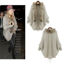 Load image into Gallery viewer, Women Cardigans Sweater Thick Poncho Capes 2025 Autumn Winter Femme Knitted Bat Sleeve Fur Collar Sweater Knitted Long Cardigan
