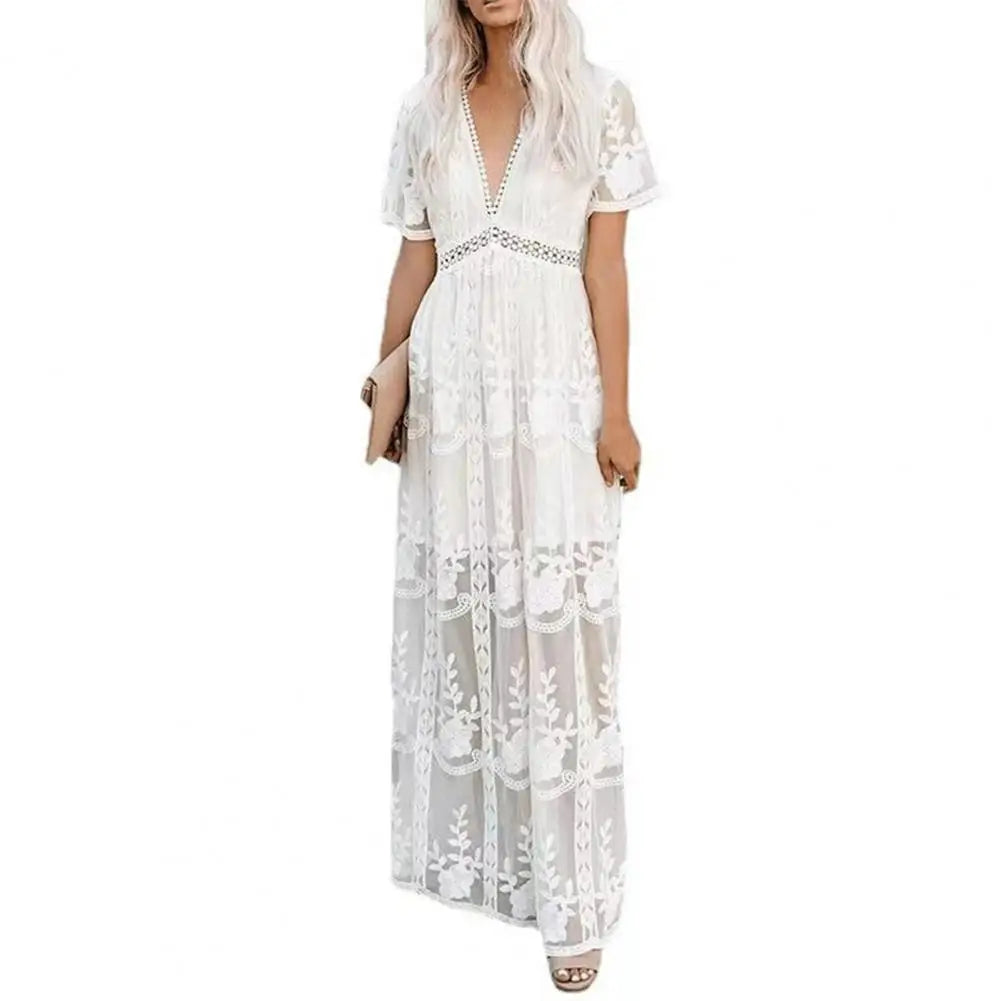Summer Boho Women Maxi Dress Loose Embroidery White Lace long Tunic Beach Dress Vacation dresses for women 2022 evening dresses