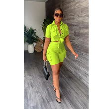 Load image into Gallery viewer, Streetwear Two Piece Set for Women Summer Outfits Pockets Short Sleeve Button-Up Shirt Top Short Sets Party Club Matching Sets
