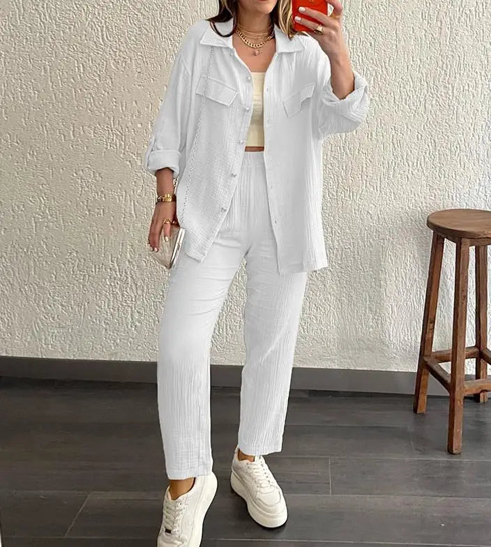 summer outfits for women 2025 New Loose Button Long Sleeve Shirt and Cropped Pants Casual Sports Summer women's suit Pants Set