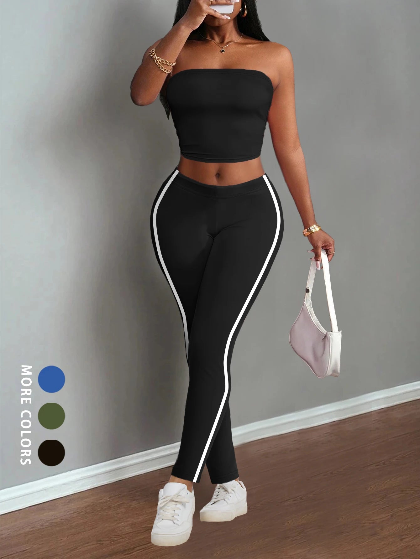 Women's home wear ribbed casual two-piece summer shorts suit (tube top + stretch leggings)