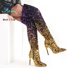 Load image into Gallery viewer, Shiny Gradient Sequins Over-the-Knee Long Boots Women Stiletto Thin High-Heeled Pointy Toe Thigh Boots Glitter Sequined Shoes
