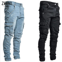 Load image into Gallery viewer, Jeans Men Pants Wash Solid Color Multi Pockets Denim Mid Waist Cargo Jeans Plus Size Fahsion Casual Trousers Male Daily Wear
